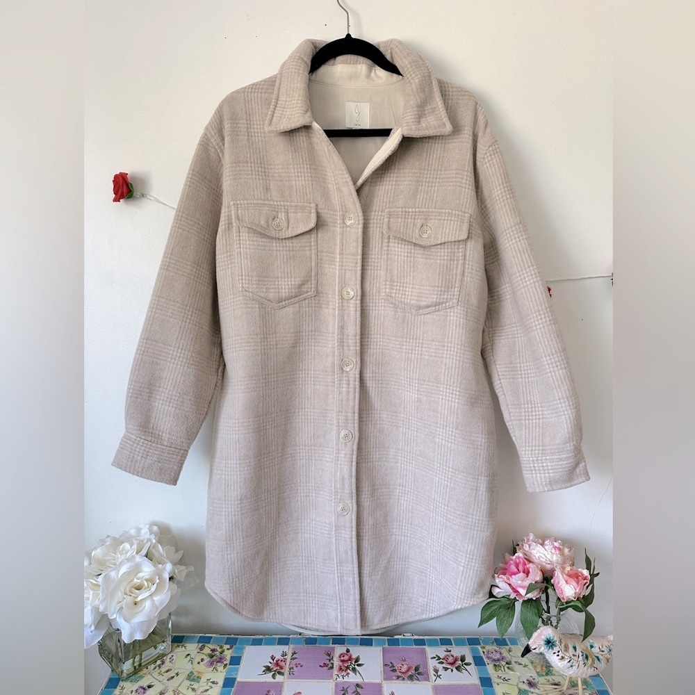 Joie Cream Plaid Neutral Long Button Down Shacket Coat L - Picture 5 of 9